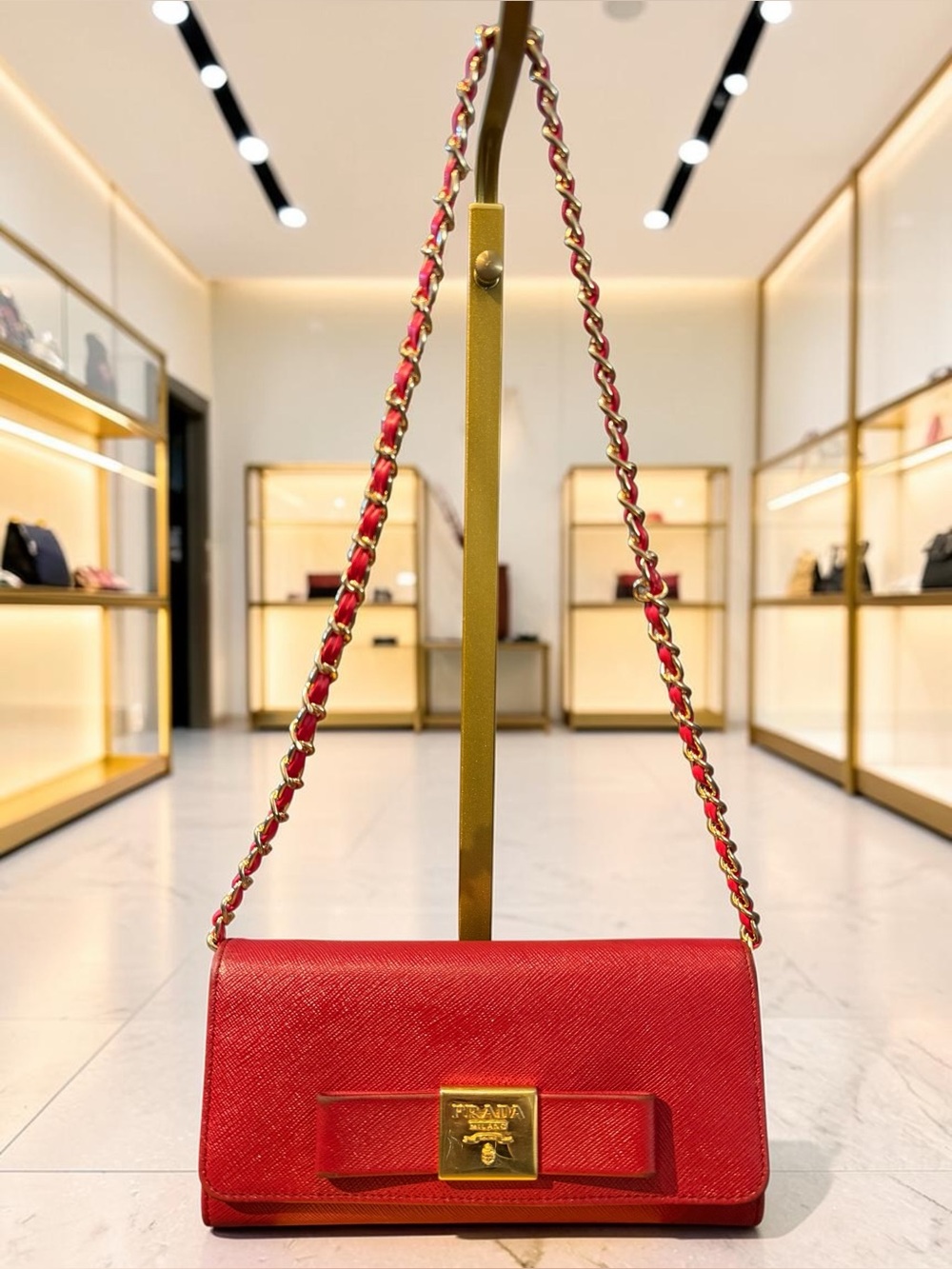 Prada Red Saffiano Leather Bow Wallet on Chain
